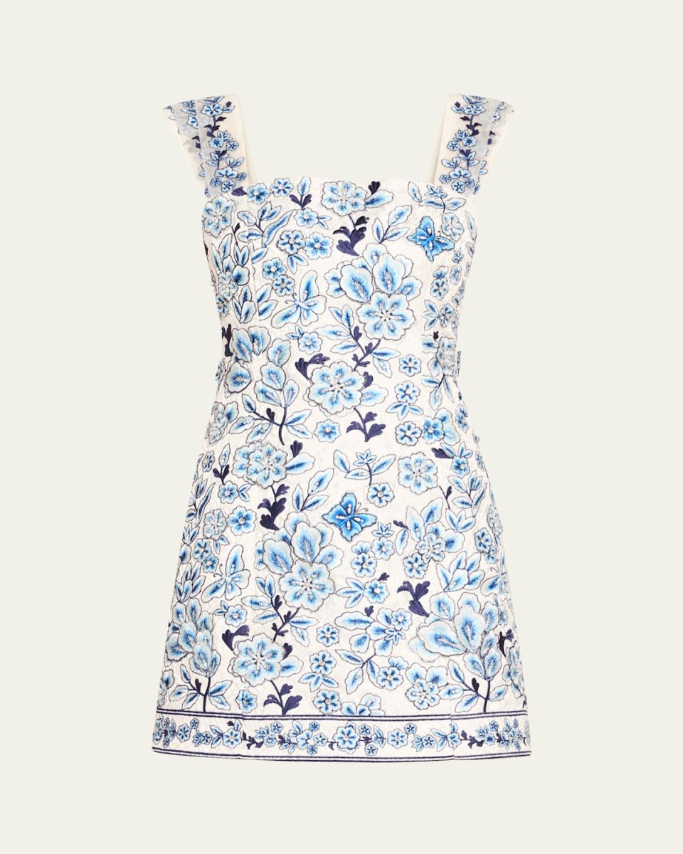 Velia Embroidered Pleated-Strap Mini Dress
